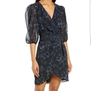 Halogen Chiffon Faux Wrap Dress IN Black Bali Floral Size Small NWT